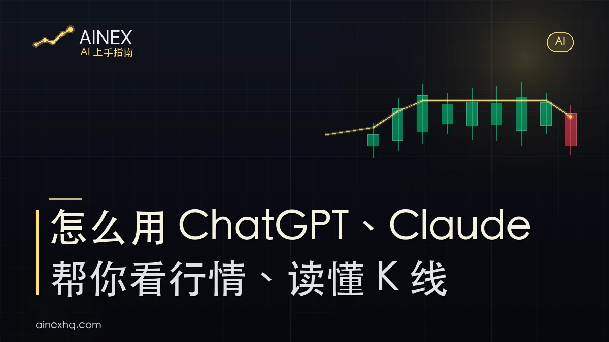 用 AI 辅助读 K 线示意：一张 BTC/USDT K 线截图与 AI 助手对话框，标注形态、支撑压力